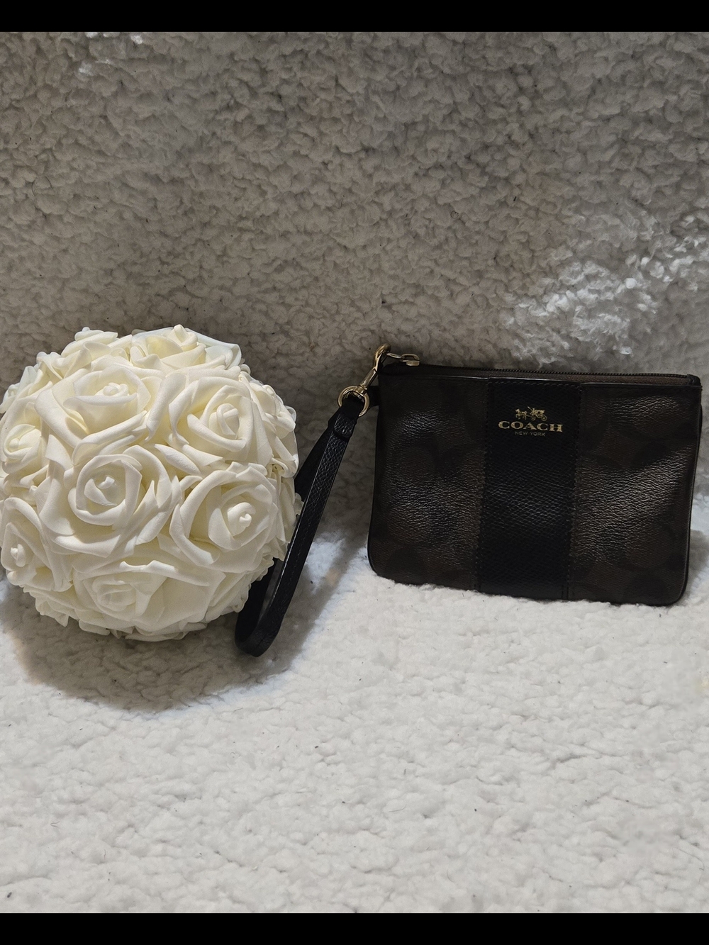 COACH Dark Brown Signature Wristlet with Black Strap